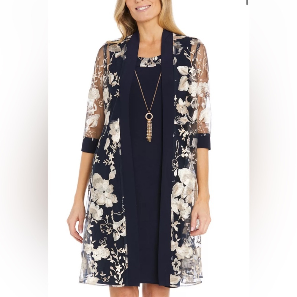 R & M Richards Navy Floral 2 pc Embroidered Dress & Duster set Sz 14 NWT